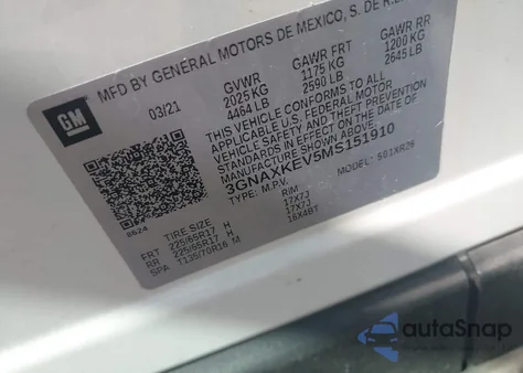 2021 Chevrolet Equinox Fwd Lt z USA, uszkodzony, nr VIN 3GNAXKEV5MS151910